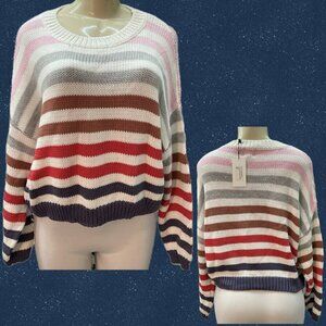 J+L John & Jenn L Striped Multicolor Crew Neck Long Raglan Sleeve Crop Sweater